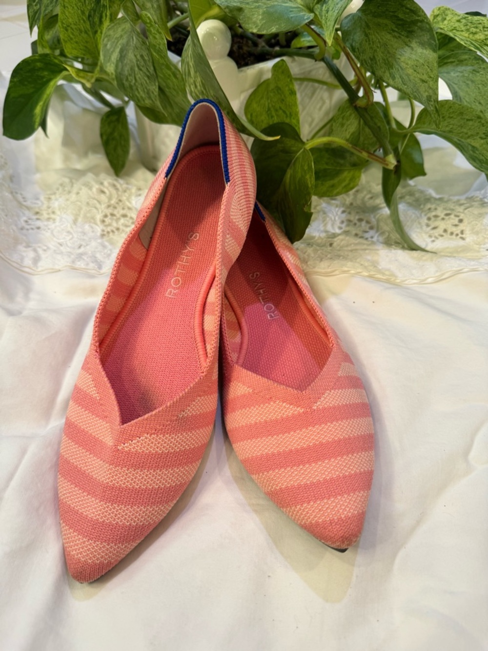 Rothy's Pink Striped Pointed Knit Flats